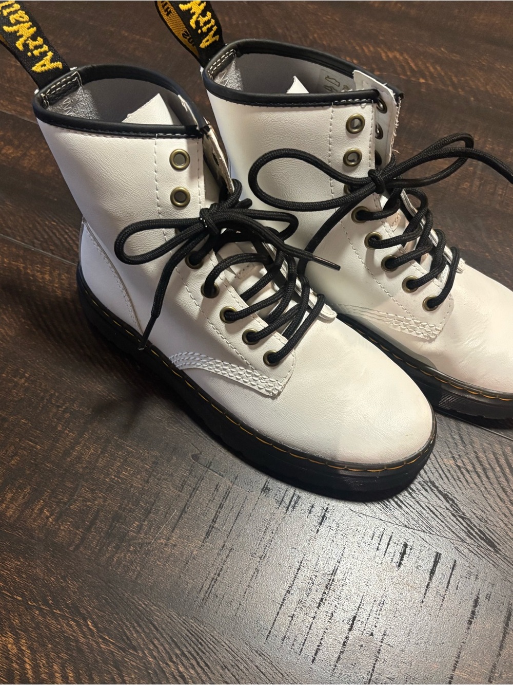 Dr. Martens White Leather Lace-Up Combat Boots with Black Trim